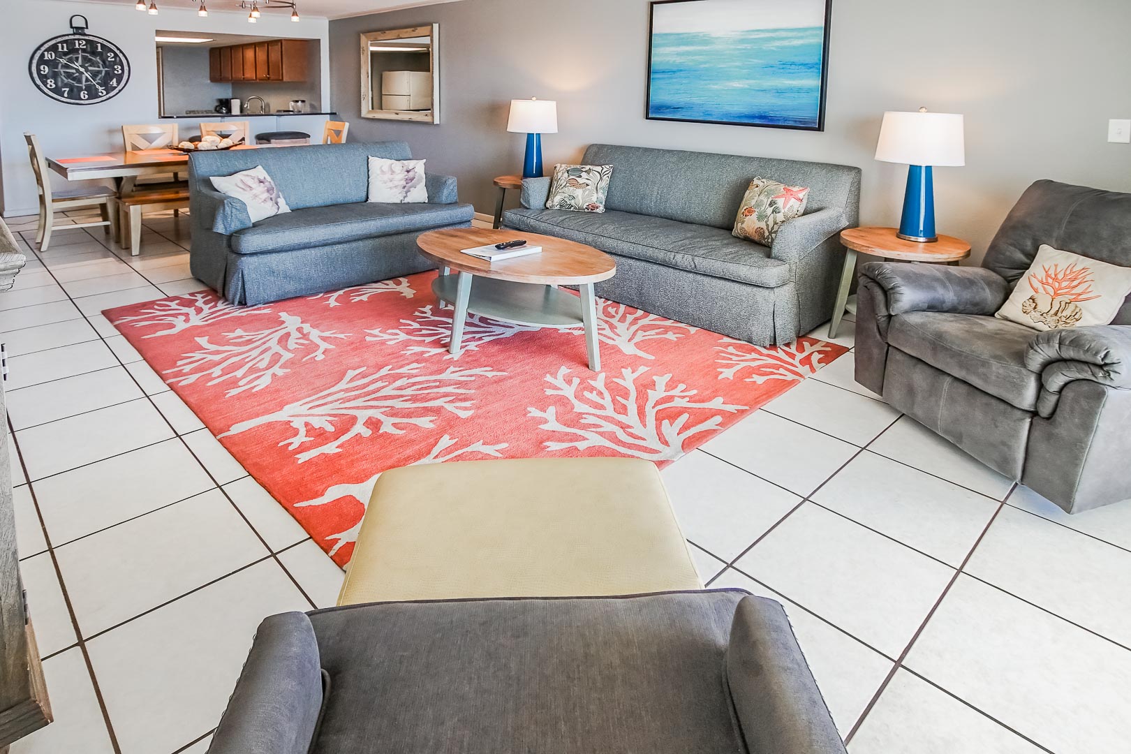 A spacious living room area at VRI's Shoreline Towers in Gulf Shores, Alabama.